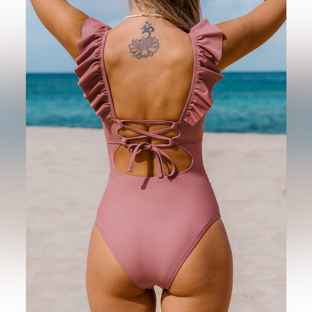 NWT CUPSHE Women's Ruffled One Piece Swimsuit V-Neck Lace Up Pink Mauve